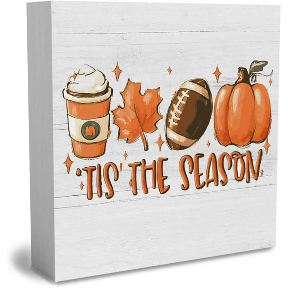 Queilt Rustic Tis' the Season Pumpkin Wood Box Sign, Farmhouse Retro Fall Artwork Decor, Autumn Harvest Thanksgiving Wooden Square Sign Desk Block Signs Home Shelf Office Decoration 5 x 5 Inches