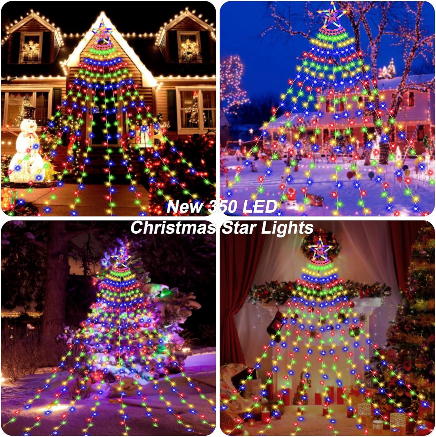 Magotan 12.5ft 350 LED Waterfall Christmas Lights Outdoor Decoration Twinkle Solar Christmas Tree String Lights with Top Star Xmas Holiday Garden Yard Decoration, Multicolor