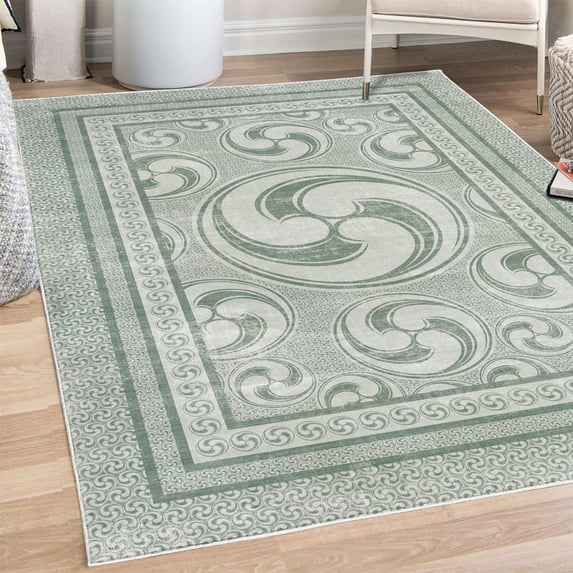 Geometric Decorative Rug, Whirling Look Abstract Circle Design Rounds Pattern in Soft Colors Print, Quality Carpet for Bedroom Dorm and Living Room, 6 Sizes, Laurel Green, by Ambesonne