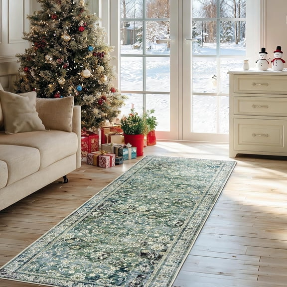 Green Washable Bathroom Hallway Runner Rug with Rubber Backing Non Slip Vintage Boho Floral Long Runners Rugs for Entryway Indoor Laundry Room Bath Floor Kitchen,2x6,24x72 Inch,Dark Emerald