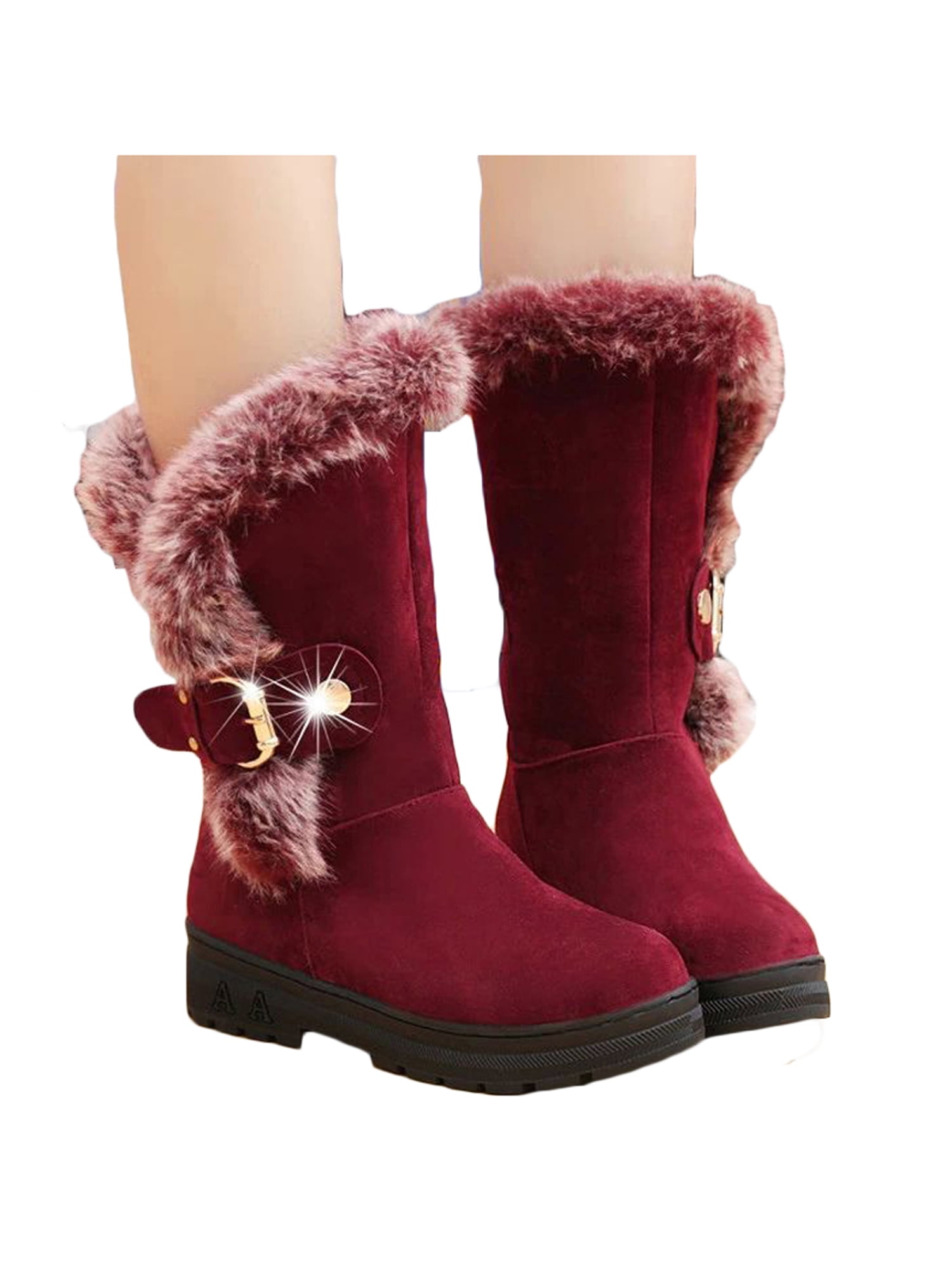 Women's Warm Snow Boots Thicken Fur Scrub Mid Calf Shoes Rhinestone Buckle Boots