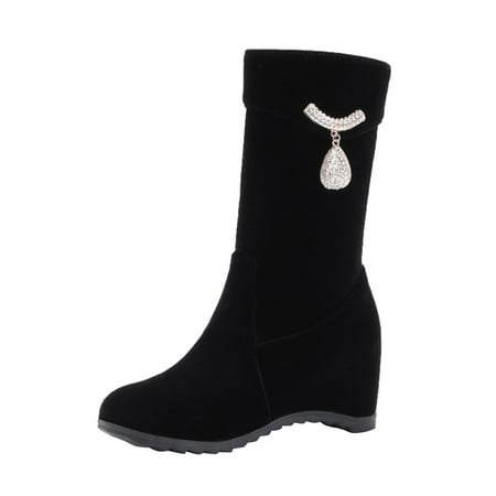 

SEMIMAY Ladies Fashion Solid Color Rhinestone Buckle Side Zipper Inner Boosting Middle Boots Black