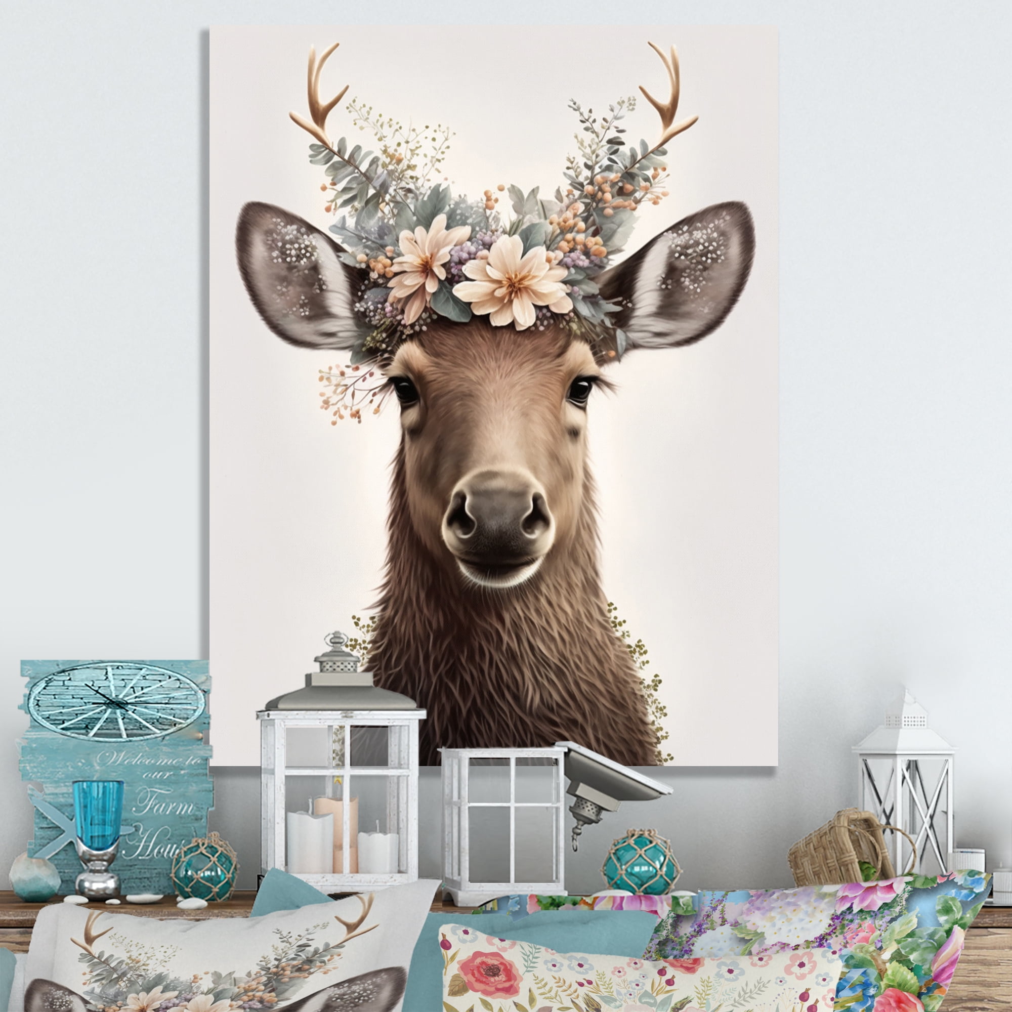 Designart Cute Baby Moose With Floral Crown Canvas Wall Art