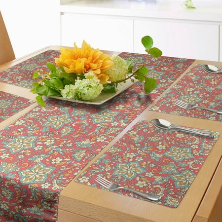 

Orient Table Runner & Placemats Ornamental Oriental Flower Bouquets Motif Paisley Ethnic Bohemian Art Set for Dining Table Placemat 4 pcs + Runner 16 x72 Coral Cadet Blue Cream by Ambesonne