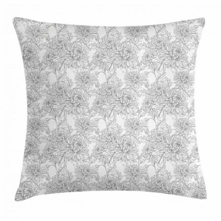 Grey And White Throw Pillow Cushion Cover Vintage Chrysanthemum Flowers In Soft Tones Foliage Botanical Pattern Decorative Square Accent Pillow