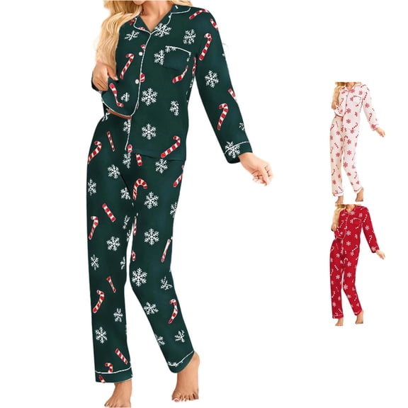 XIAONU Soft Long Sleeve Pajama Set for women Pocketed Turn-Down Collar Christmas Graphic Holiday Sleepwear