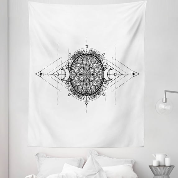 Bohemian Tapestry, Monochrome Artwork of Mandala Inspired Flower Modern Boho Arrows Crescent, Fabric Wall Hanging Decor for Bedroom Living Room Dorm, 5 Sizes, White Charcoal Grey, by Ambesonne