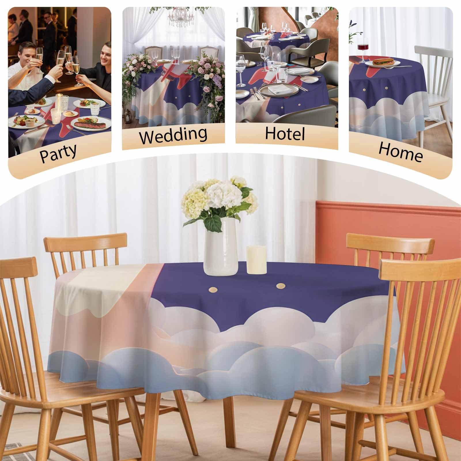 Round Tablecloth Cartoon Navy Blue Space Waterproof Oil Proof Polyester Table Cloth Cover Decor for Home Dining Outdoor,Patio,Parties, 54" Dia. Red 3D Rocket Yellow Stars