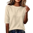 thumbnail image 3 of Linen Texture Blouse for Women, Crew Neck Half Sleeve Loose Tunic - Lightweight Breathable Summer Casual Top Beige L, 3 of 7