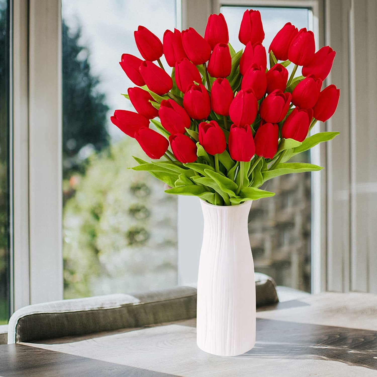 30Pcs Artificial Red Tulip Flowers Faux Tulip Stems PU Real Touch Tulips 13.7" for Spring Easter Vase Wedding Bouquets Floral Arrangements Wreath Table Centerpiece Indoor Outdoor Decoration