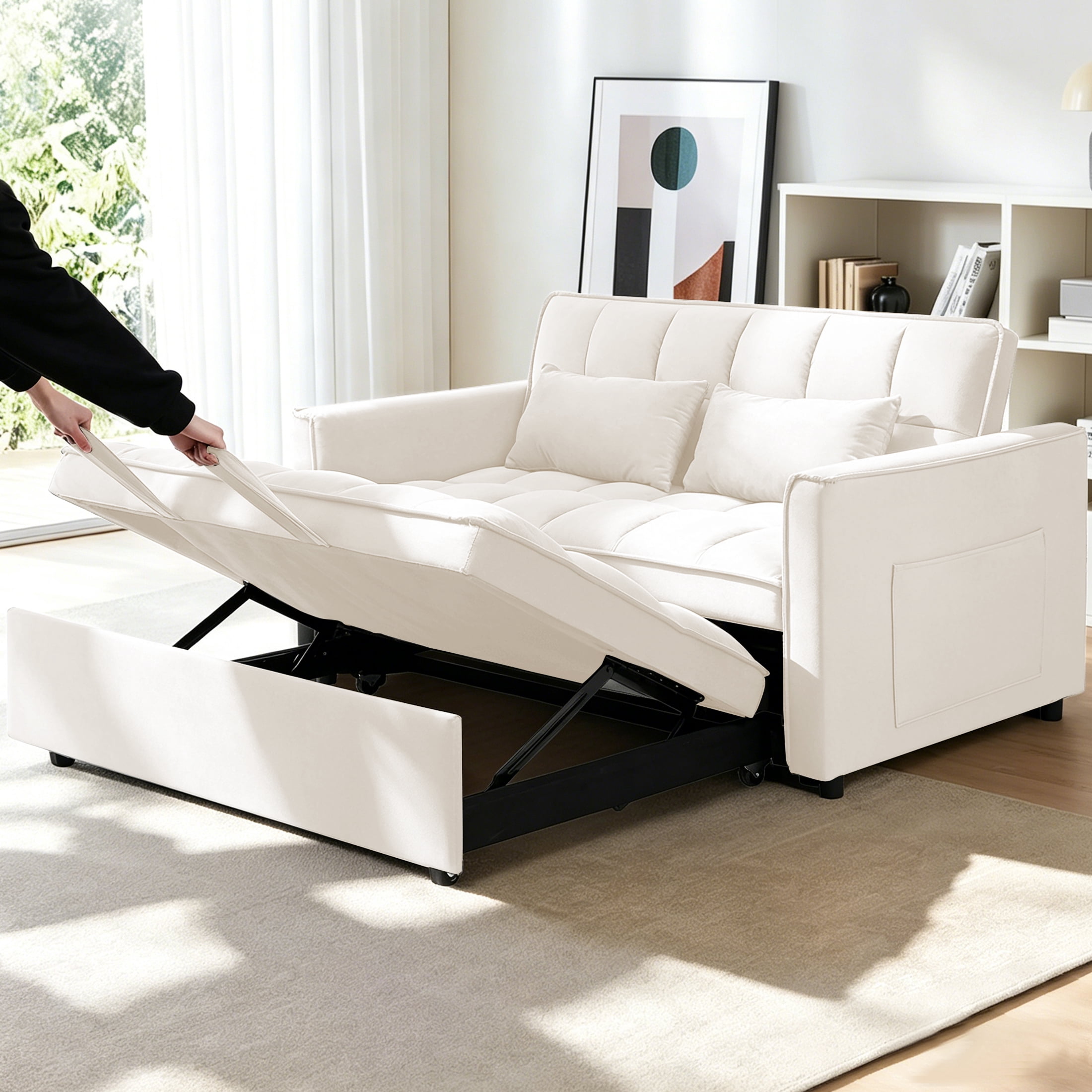AISWORD Convertible Sofa Bed, 3 in 1 Pull Out Sleeper Loveseat Couch with Storage, Beige