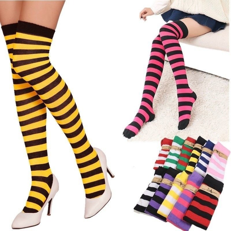 Canis Womens Sheer Striped Thigh High Stockings Plus Size Over The