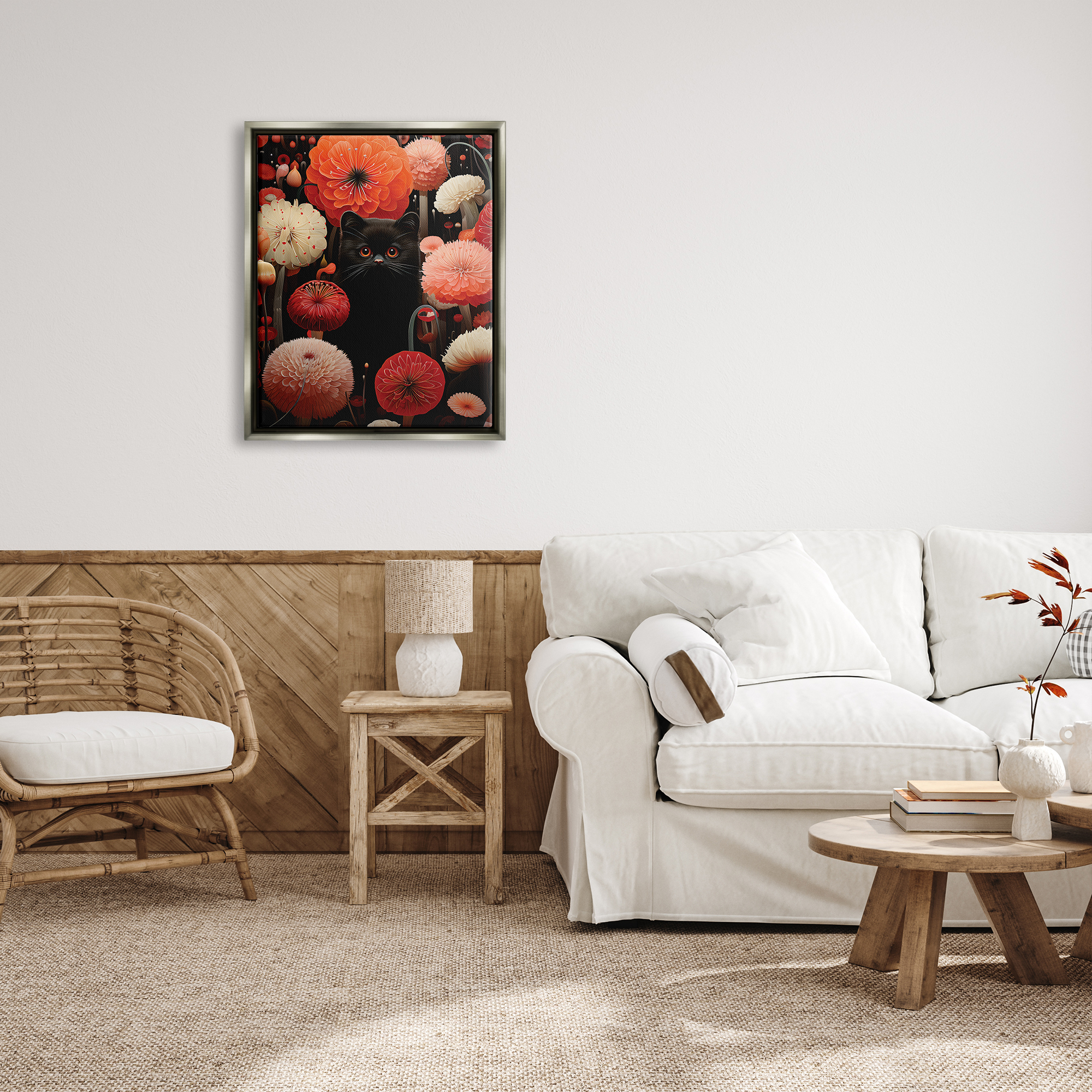 Stupell Industries Black Cat Among Dahlias Animals & Insects Painting Gray Floater Framed Canvas Art Print Wall Art, 25 x 31