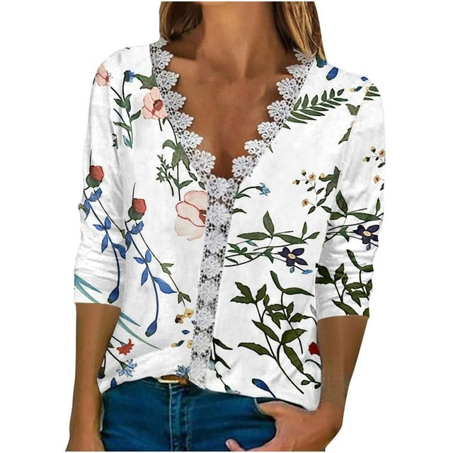 IROINID Chemises à Manches Longues Col en V pour Femmes T-shirt Imprimé Floral Dentelle Manches Trois-Quarts Blouse de Détente, Vert