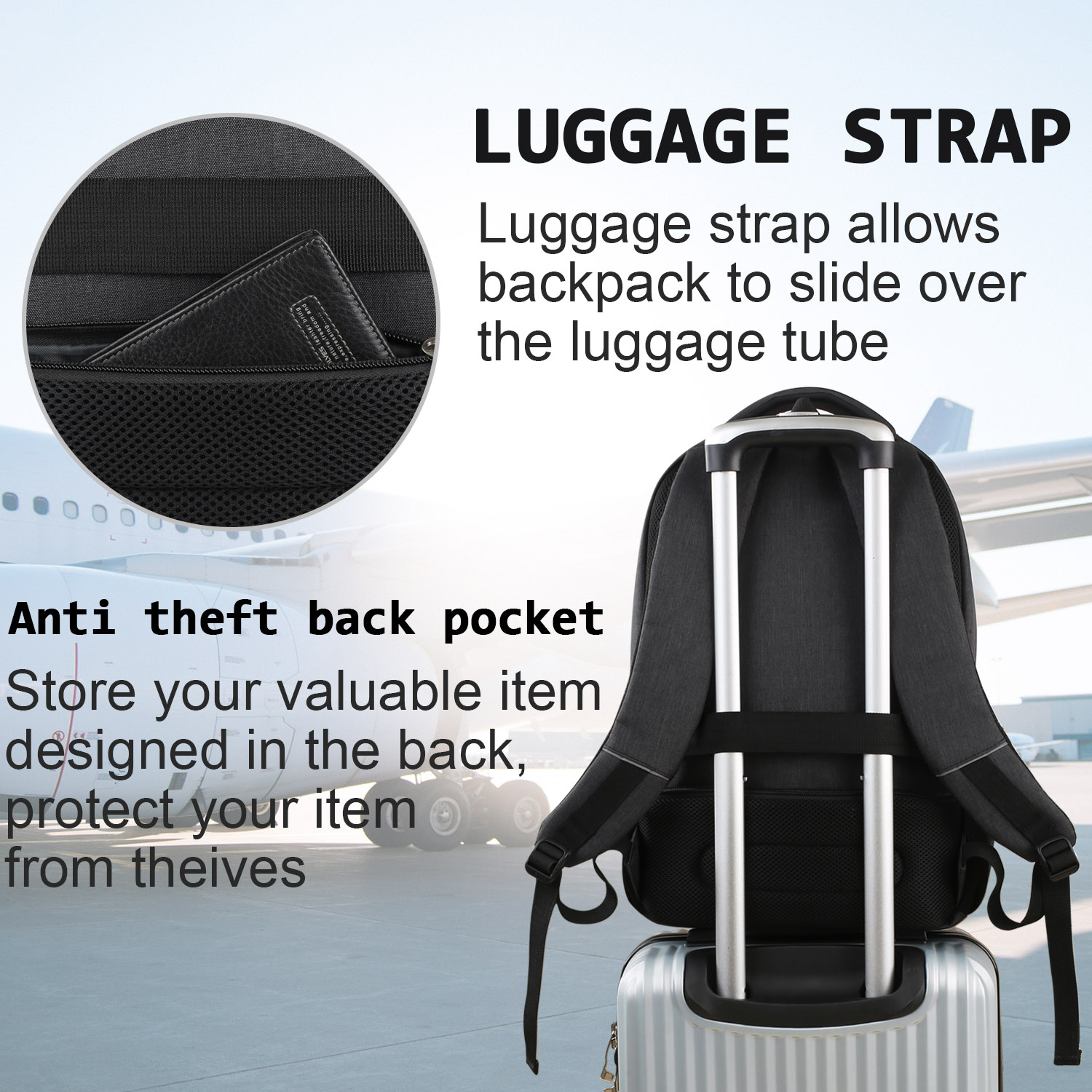 UKEIN 15.6" Anti-Theft Laptop Backpack, Black photo 4