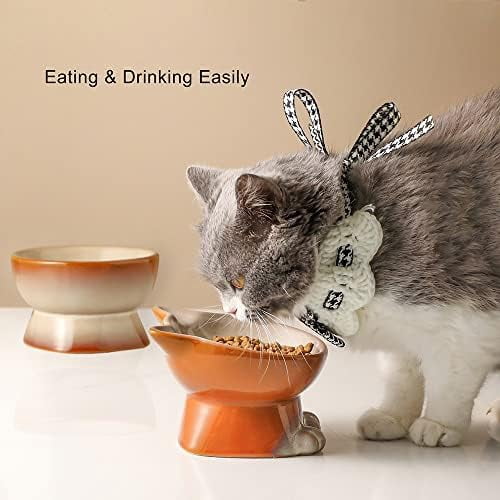 Elevated Cat/Dog Bowls Set : 5 Inch Ceramic Raised Cat Food & Water Bowl Set for Protecting Pet's Spine - Feeding & Watering Supplies for Pets - Elegant Brown (2 PC)