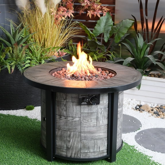 Outdoor Propane Fire Pit, Concrete Fire Pit Table with Lava Rocks and Waterproof Cover, 50,000 BTU Gas Fire Pit for Outside Patio, Garden, Backyard