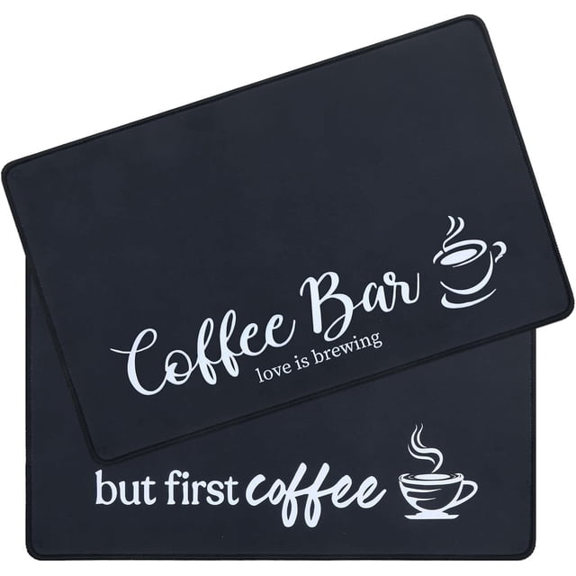 Coffee Mat 2 pcs 12x19 Inch Coffee Bar Mats Absorbent Non Slip Rubber Coffee Maker Mat for Countertop Accessories But First Coffee Mat Espresso Dish Drying Mat Waterproof Heat Resistant, Black