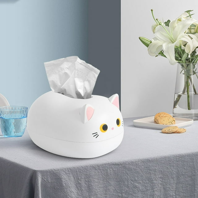 Noehoiugi Cat Tissue Box Holder, Kitten Tissue Holder Cartoon Cat Tissue Napkin Box Cute Tissue Box Cover Napkin Storage Container For Kitchen Living Room(White)