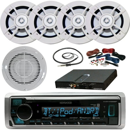 Kenwood KMRM325BT Single-DIN Digital Media Bluetooth Receiver (No CD), 4 x Kenwood 6.5" 100W 2-Way Marine Speakers, 10" Woofer/Amplifier Combo Package, Amp Kit, Radio Antenna