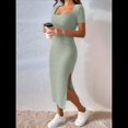 thumbnail image 4 of Vestido de Verano 2025 para Mujer, Ajustado, de Corta, Acanalado, con Abertura Lateral, de Punto y Cuello Cuadrado Verde S, 4 of 8