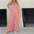 thumbnail image 2 of Women's Summer Jumpsuit Sling Deep V High Waist One Piece Bodysuit Casual Loose Straight Wide Leg Pants Rompers Pink,XL, 2 of 6