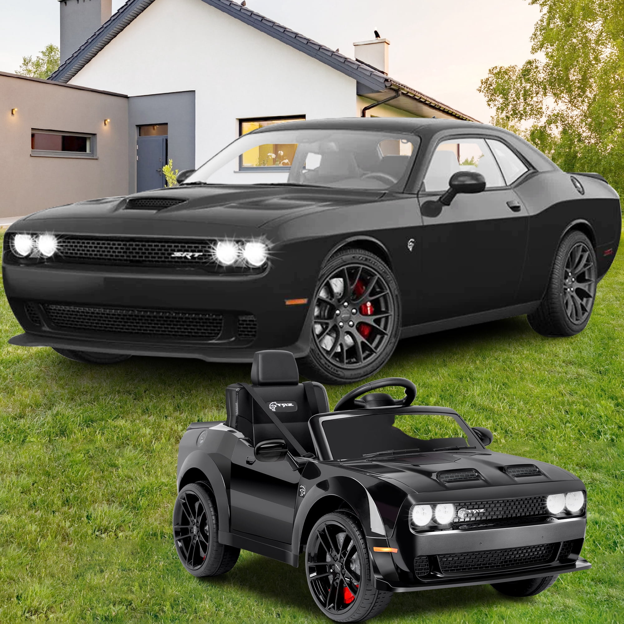 Dodge Challenger SRT Kids Ride on Car,Wisairt 12 V Battery Powered Electric Vehicle w/ Remote Control,Bluetooth,LED Lights(Black)