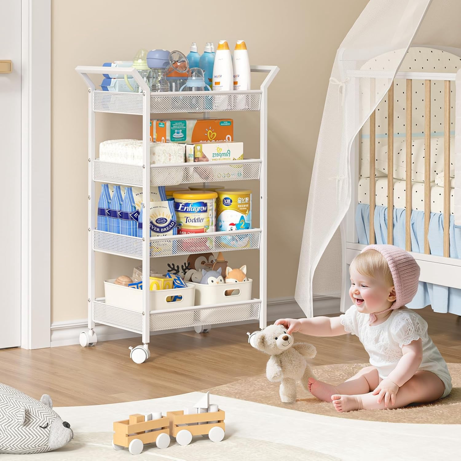 Baby Diaper Caddy Cart, 4-Tier Diaper Caddy Organizer and Storage, Rolling Utility Cart for Baby Supplies, Diaper Cart with Wheels for Bedroom, Nursery, Changing Table, White