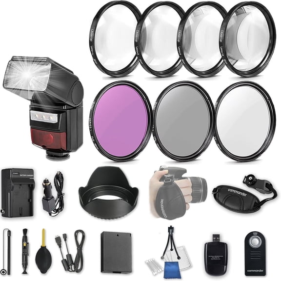 58mm 21 Pc Accessory Kit for Canon EOS Rebel T6, T5, T3, 1300D, 1200D, 1100D DSLRs with LED-Flash, UV CPL FLD Filters, 4 Piece Macro Close-Up Set, Battery, and More