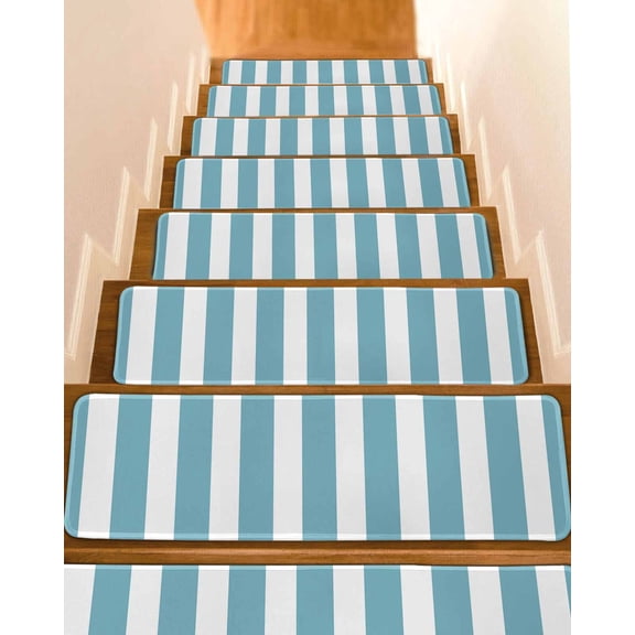 Aqua Striped Stair Treads Non Slip Runners Rugs, 15 Pcs Carpet for Stairs with Adhesive, Modern Farmhouse Blue White Stripes Stair Mats Pads Indoor Stair Treads for Wooden Steps 8"x30"