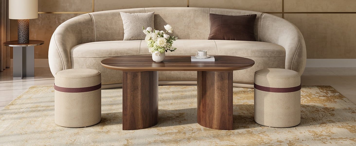 Mintazer Oval Coffee Table Set with 2 Nesting Fabric Stools, Coffee Table with Curved Legs for Small Apartment Living Room, Walnut