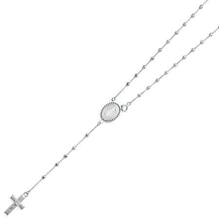 White Jesus Crucifix - Real 14K Solid White Gold 2.5mm Ball Virgen Guadalupe Rosary Necklace Religious Cross Crucifix Jesus Rosario Mother Mary 20 Inches