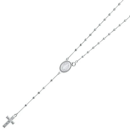 Real 14K Solid White Gold 2.5mm Ball Virgen Guadalupe Rosary Necklace Religious Cross Crucifix Jesus Rosario Mother Mary 20