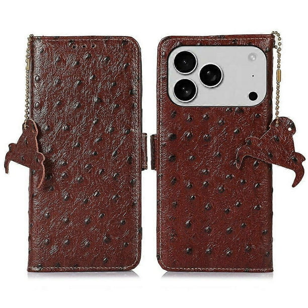 For iPhone 17 Pro Case RFID Blocking Genuine Cow Leather Phone Case Ostrich Texture -