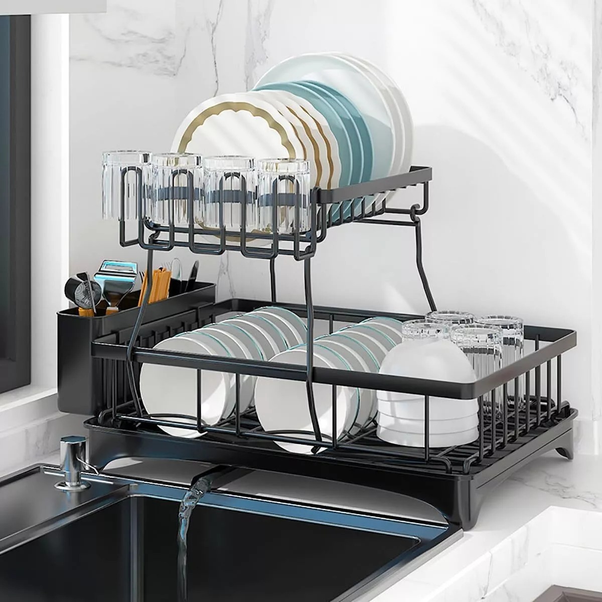 2-Tier Kitchen Dish Drying Rack with Drain Board, Carbon Steel Utensil Holder, Space-Saving Design for Plates, Cups & Cutlery