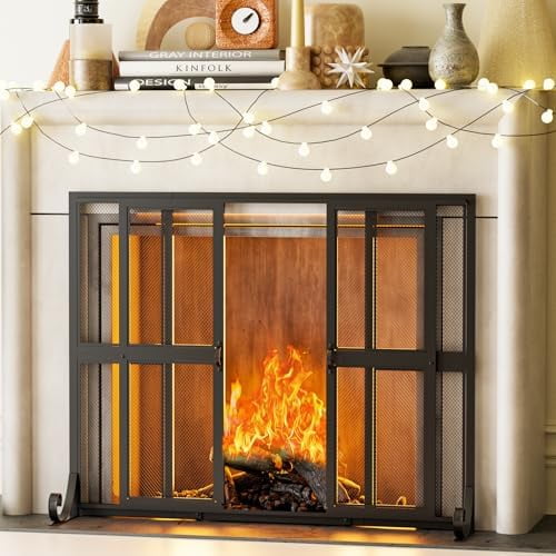 Pantalla para chimenea Sarzdras, puertas corredizas, 37,8 x 30,7 cm, hierro forjado