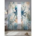 thumbnail image 2 of Nautical Teal Sheer Curtains 108 Inch Long 2 Panels, Octopus Ocean Coral Starfish Coastal Map Light Filtering Rod Pocket Curtains, Sheer Voile Drapes for Living Room Bedroom, 52"x108", 2 of 8