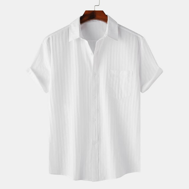 Camisas Elvqul para Hombre Casual Algodón Manga Corta Blanco Liso con Solapa Botones