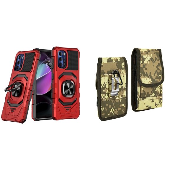 Case with Belt Holster Bundle for Moto G Stylus 5G 2022: Heavy Duty Shield Cover (Red) and Vertical Rugged Nylon Phone Pouch (Digital Camo)