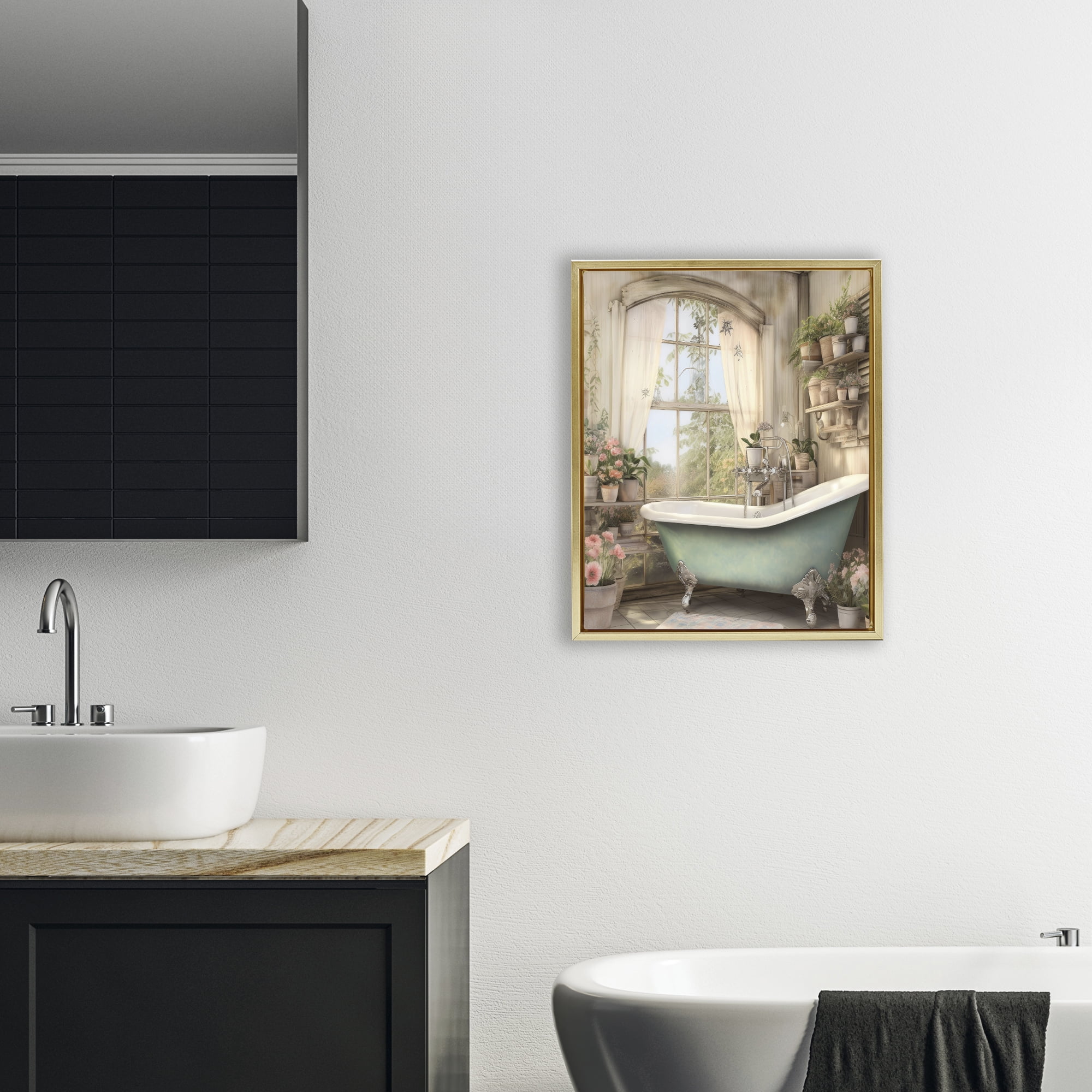 Bathroom with Floral Filled Shelves Gold Framed Floater Canvas Wall Art, design by Lettered and Lined
