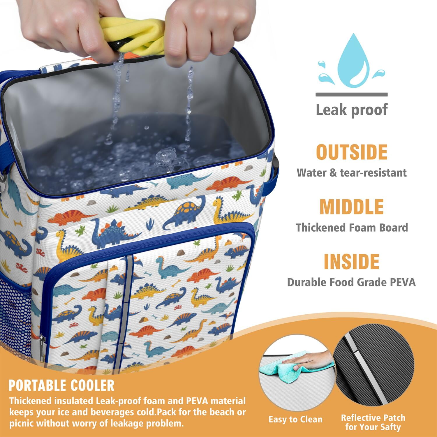 Travel Cooler Bag - Colorful Dinosaurs Bones Pattern Camping Beer Cooler Backpack with Bottle Opener- Waterproof Insulated Picnic Backpacks - Cooler Bag for Beach
