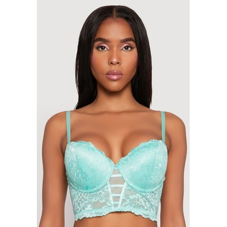 Womens Floral Lace Caged Front Plunge Longline Bra