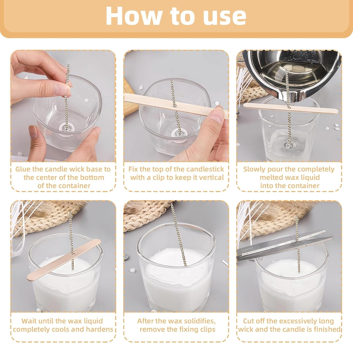 Candle Wicks Kit - 50pcs Natural Candles Wicks with 10pcs Wooden Holders 120 Pcs Wick Stickers for Soy Wax Beeswax Coconut Wax Candle Making Supplies