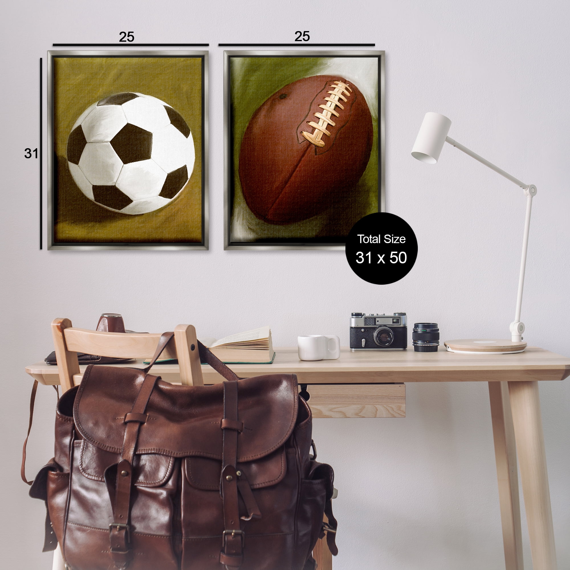 Stupell Industries Soccer & Football Traditional Sports Painting Gray Floater Framed Canvas Art Print Wall Art, 31 x 25, Set of 2