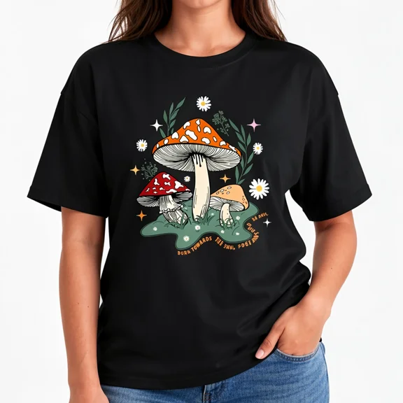 Women's Mushroom Daisy Graphic T-Shirt, Cotton Crew Neck Cottagecore Tee