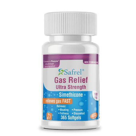 Safrel Ultra Strength Simethicone Gas Relief 180 mg (365 Softgels) | Anti Flatulence, Bloating Aid, Stomach Discomfort and Gas Pressure Reliever Pills | Relieves Gas Fast | Generic Phazyme