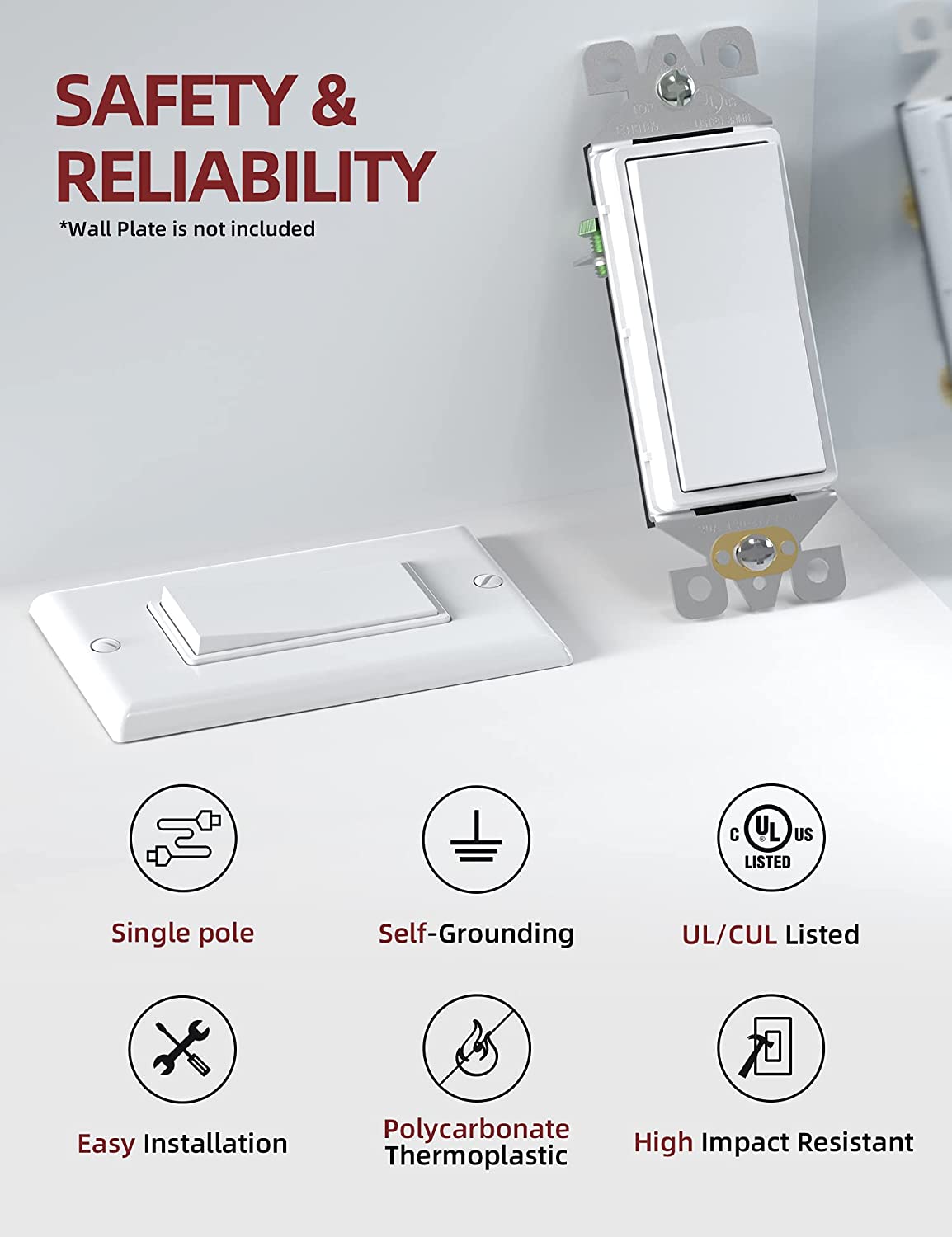 AIDA Single Pole Rocker Decora Light Switch, Self-Grounding, Quick Push-in & Side Wired, Residential Grade, 15A/120V, UL Listed (White, 10 Pack)