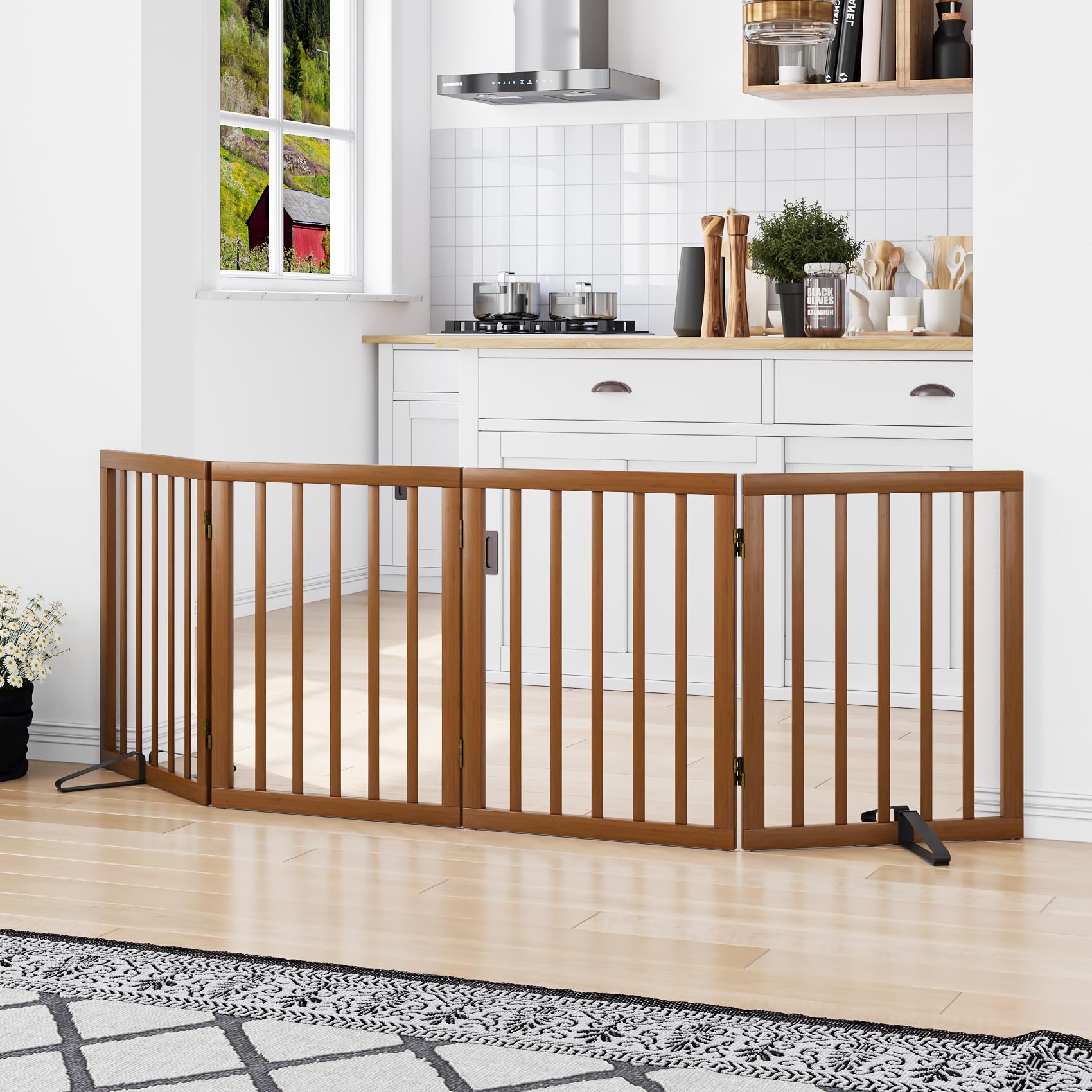 Smart FENDEE Bamboo Dog Gate Freestanding Pet Gate with 2 Support Feet for Doorways,Walnut,24"H,4 Panel