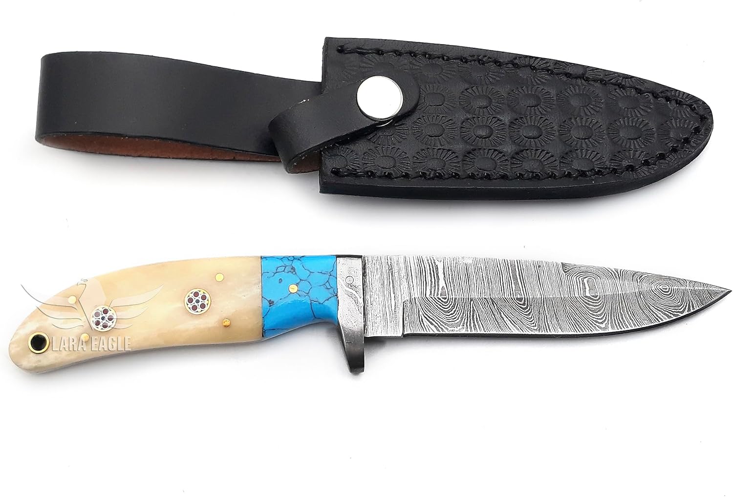 Handmade Damascus Steel Hunting Knife with Cowhide Leather Sheath – Turquoise & Camel Bone Handle - Ideal for Hunting, Camping, Outdoor – Gift for Husband, Father’s Day