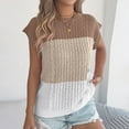 thumbnail image 2 of Women's Color Block Cable Knit Tops Summer Cap Sleeve Crew Neck Pullover Sweaters Casual Loose Vacation Knitwear Khaki M, 2 of 8